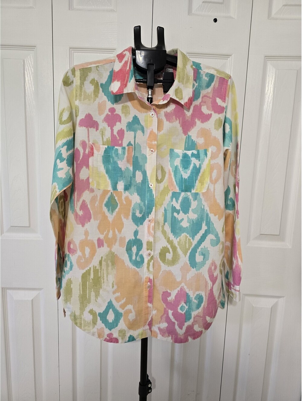 Tizzie Top Womens XL Multicolor Linen Long Sleeve Button Tunic Shirt Blouse